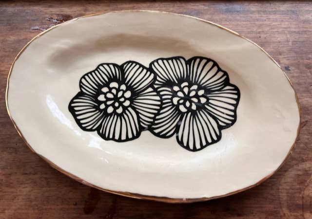Handmade Floral Ceramic Petite Platter Tray w/ 22K Gold