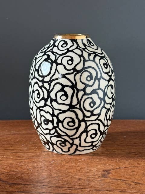 Tall Handmade Floral Ceramic Bud Vase w/ 22K Accents