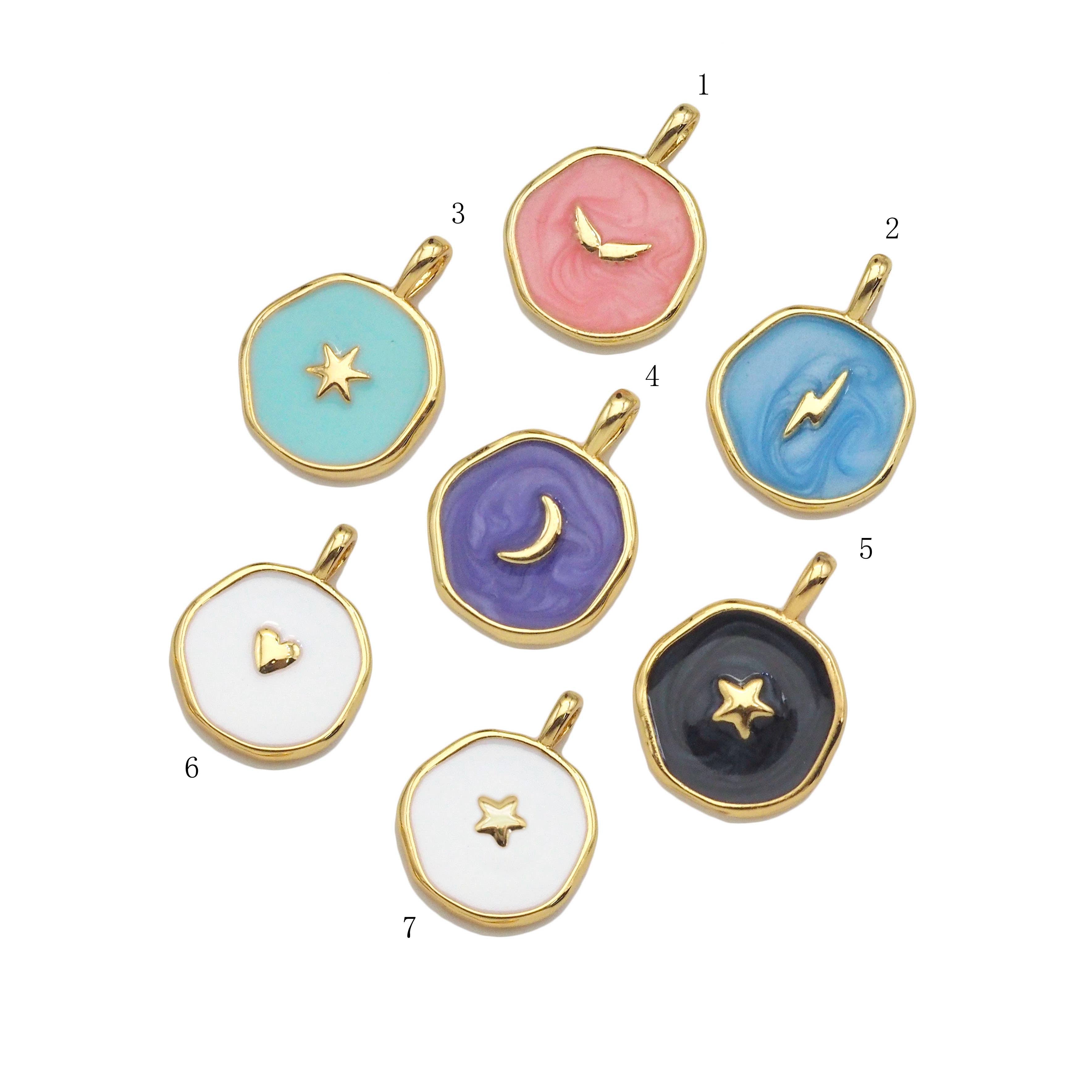 Gold Colorful Enamel Moon Star Heart On Round Coin Green / 1pc