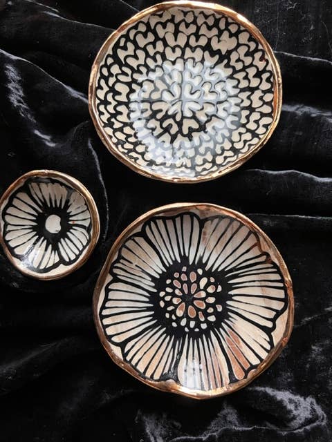 2" Handmade Floral Ceramic Catchall Dish with 22K Gold