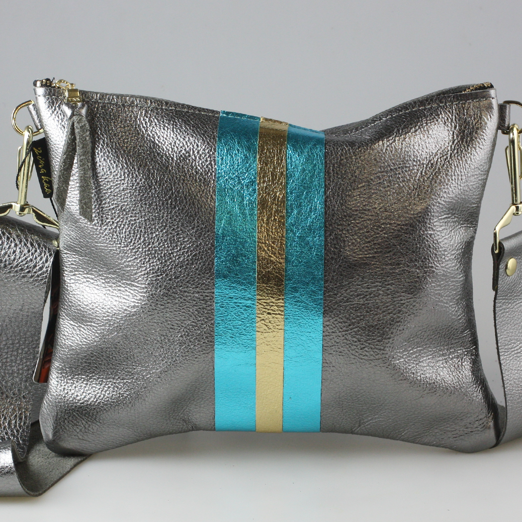 The METALLIC Stripe Taylor: Jet: Layered stripe Gunmetal/Pewter / Unlined / 9"x7.5