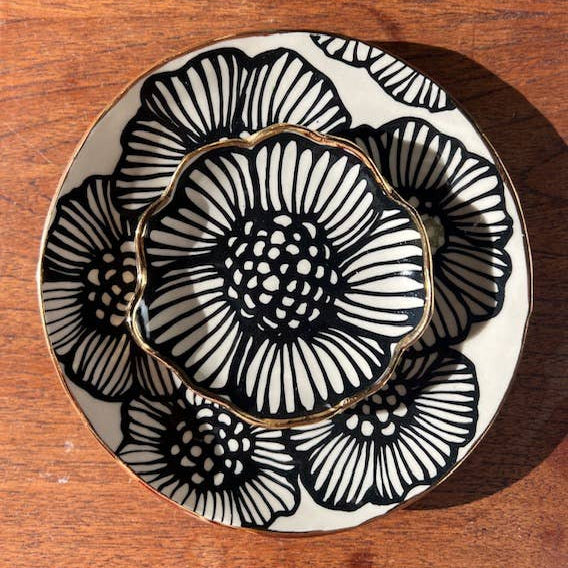 7" Handmade Floral Round Ceramic Dish with 22K Gold Accents