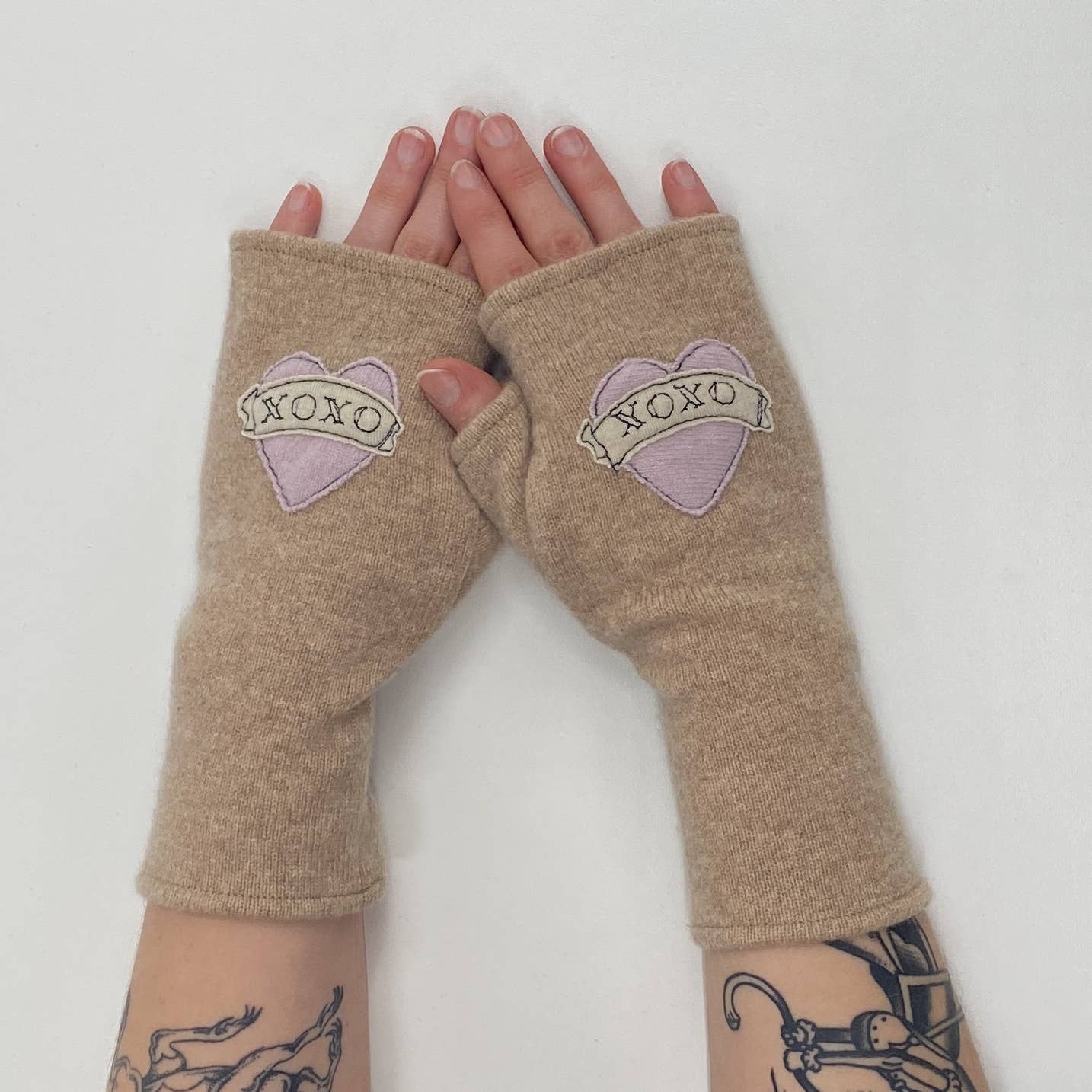 Fingerless Cashmere Gloves-Tattoo Heart XOXO