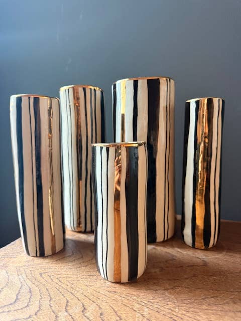 XL Handmade Ceramic Heirloom Stripe Vase 22K Gold Accents