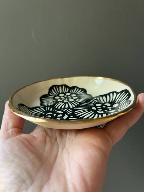 5" Handmade Floral Ceramic Trinket Jewelry Dish 22K Gold