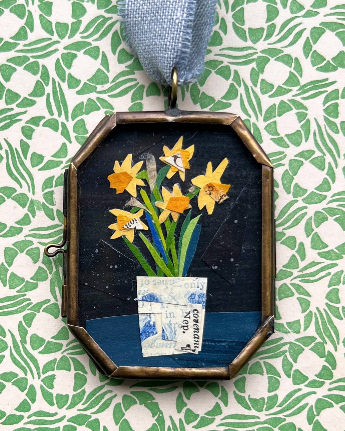 Daffodils in Blue ~ Art Locket Garden Vintage Decor Handmade