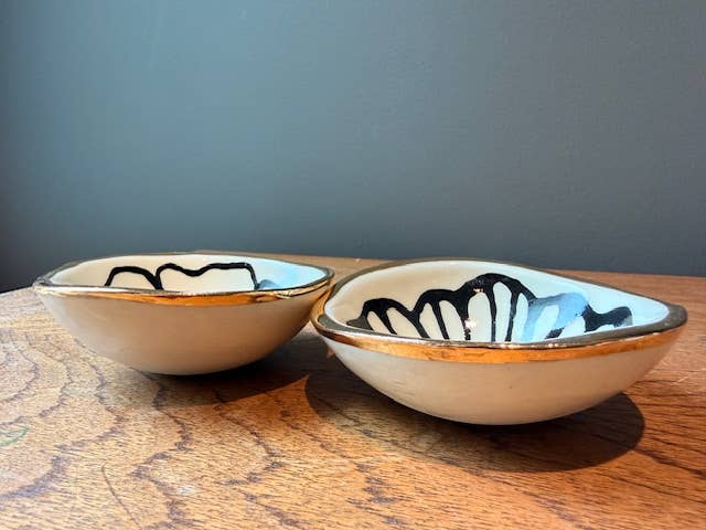 3.5" Handmade Floral Round Ceramic Catchall Dish 22K Gold