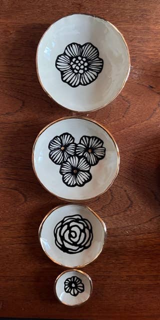 5" Handmade Floral Ceramic Trinket Jewelry Dish 22K Gold
