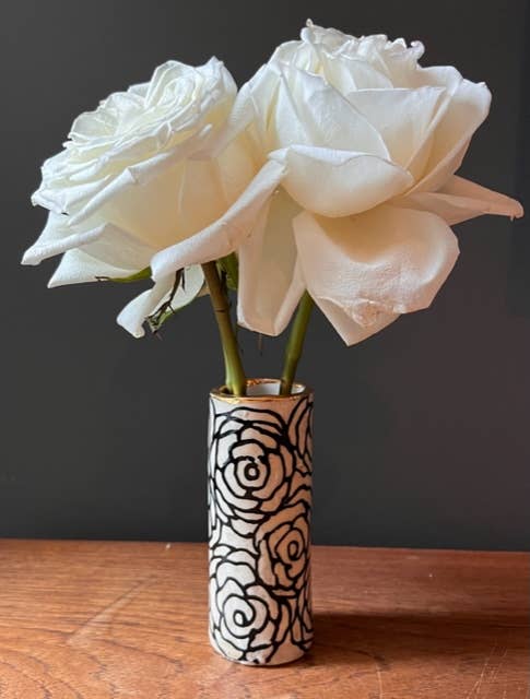 Handmade Ceramic Floral Med Cylinder Vase w/ 22K Gold Accent