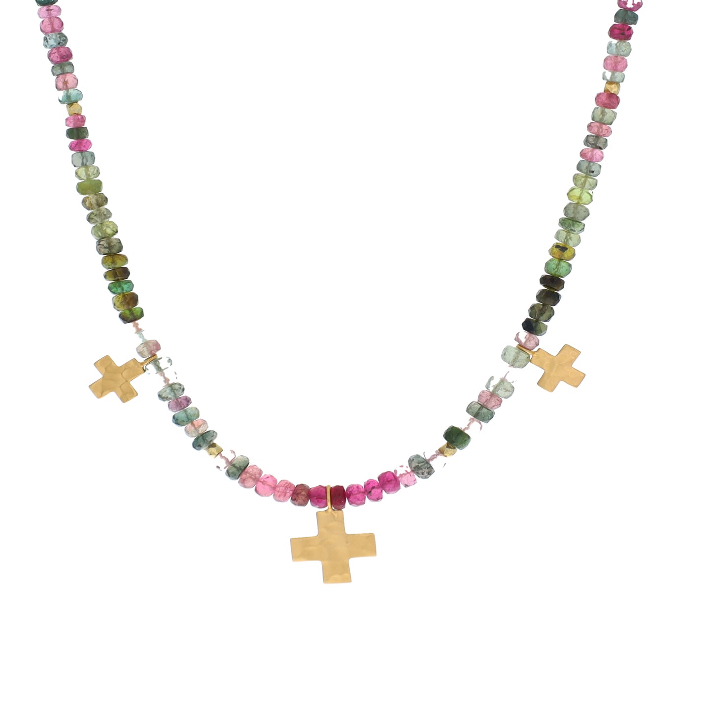 Watermelon tourmaline with 3 cross charm Necklace