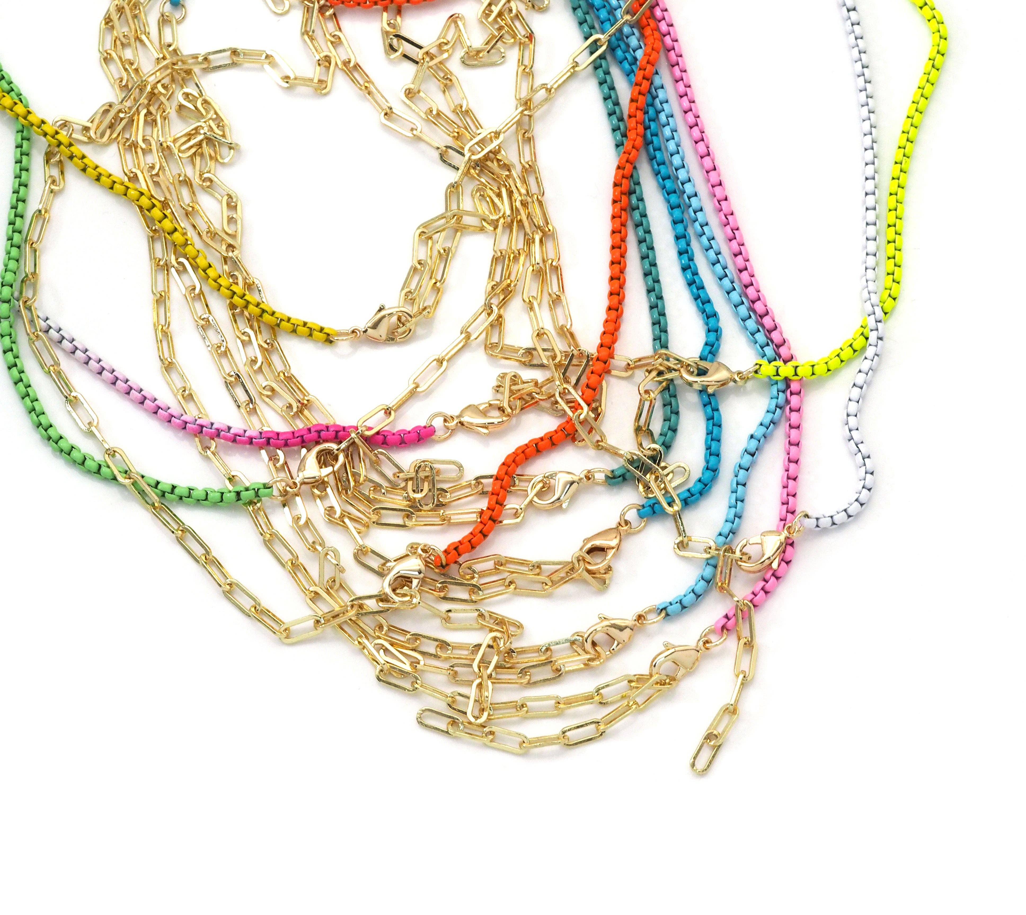 Gold Paperclip Colorful Enamel Box chain Necklace, 1 Bright blue