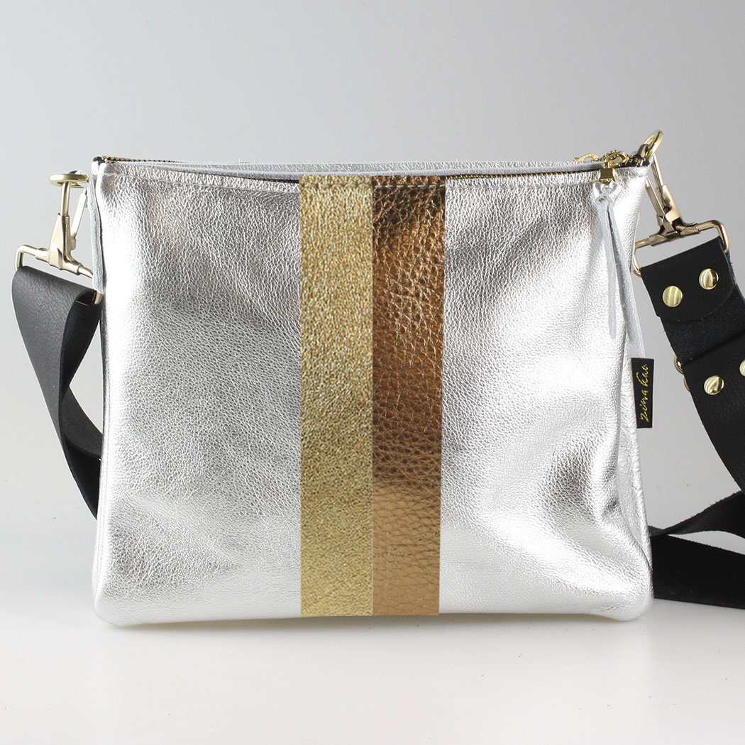 The METALLIC Stripe Taylor: Jet: Layered stripe Gunmetal/Pewter / Unlined / 9"x7.5