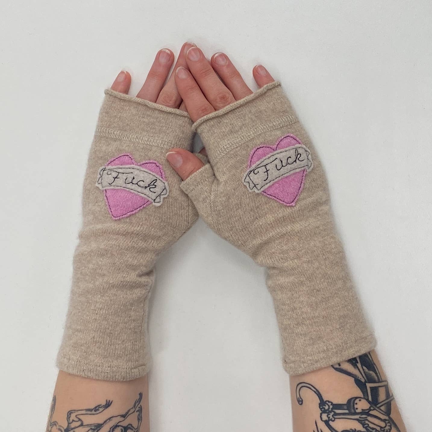 Fingerless Cashmere Gloves-Tattoo Heart Fuck