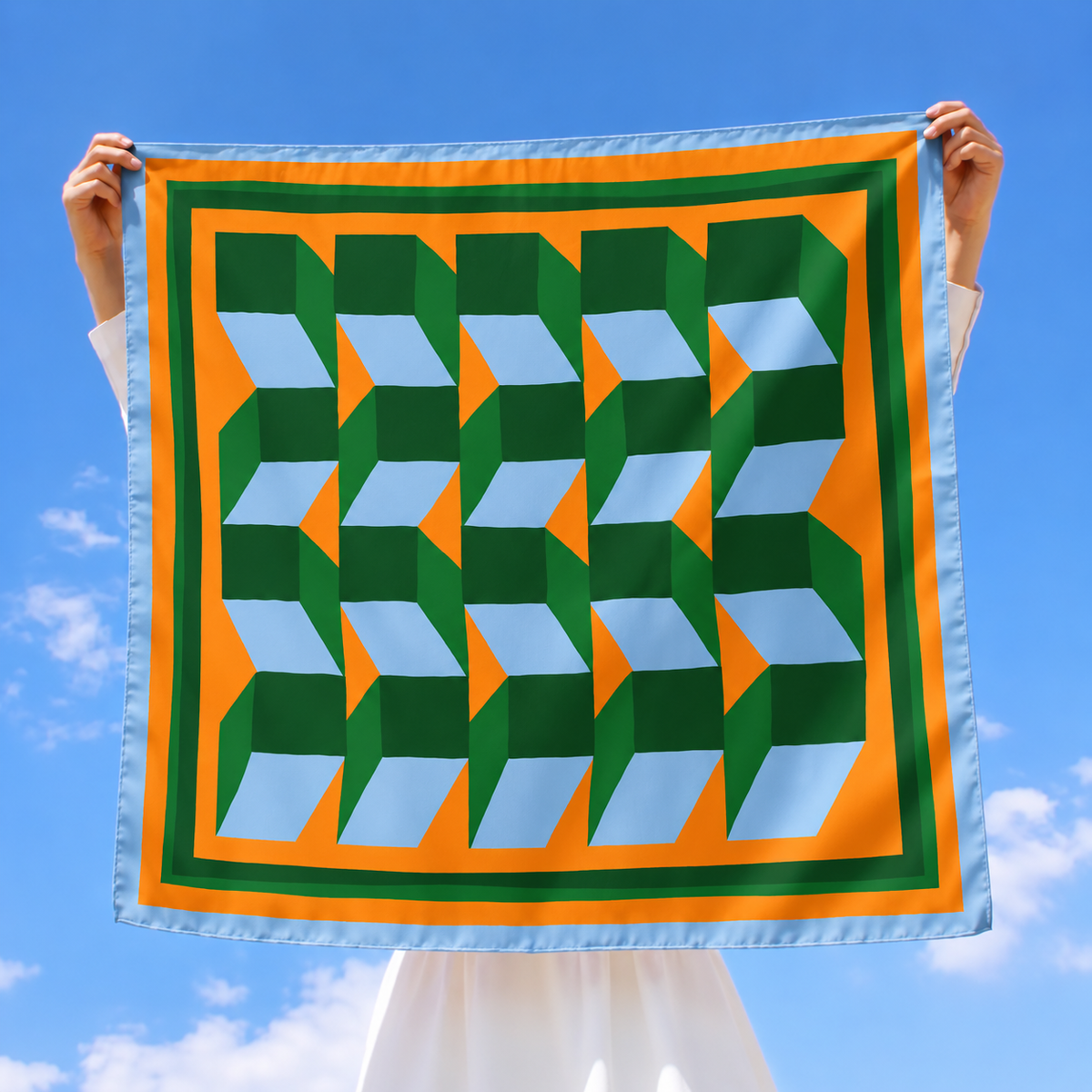 Retro Orange and Green Blocks | Neck Scarf | 100% Silk