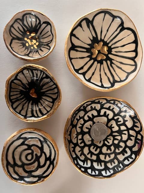 2" Handmade Floral Ceramic Catchall Dish with 22K Gold