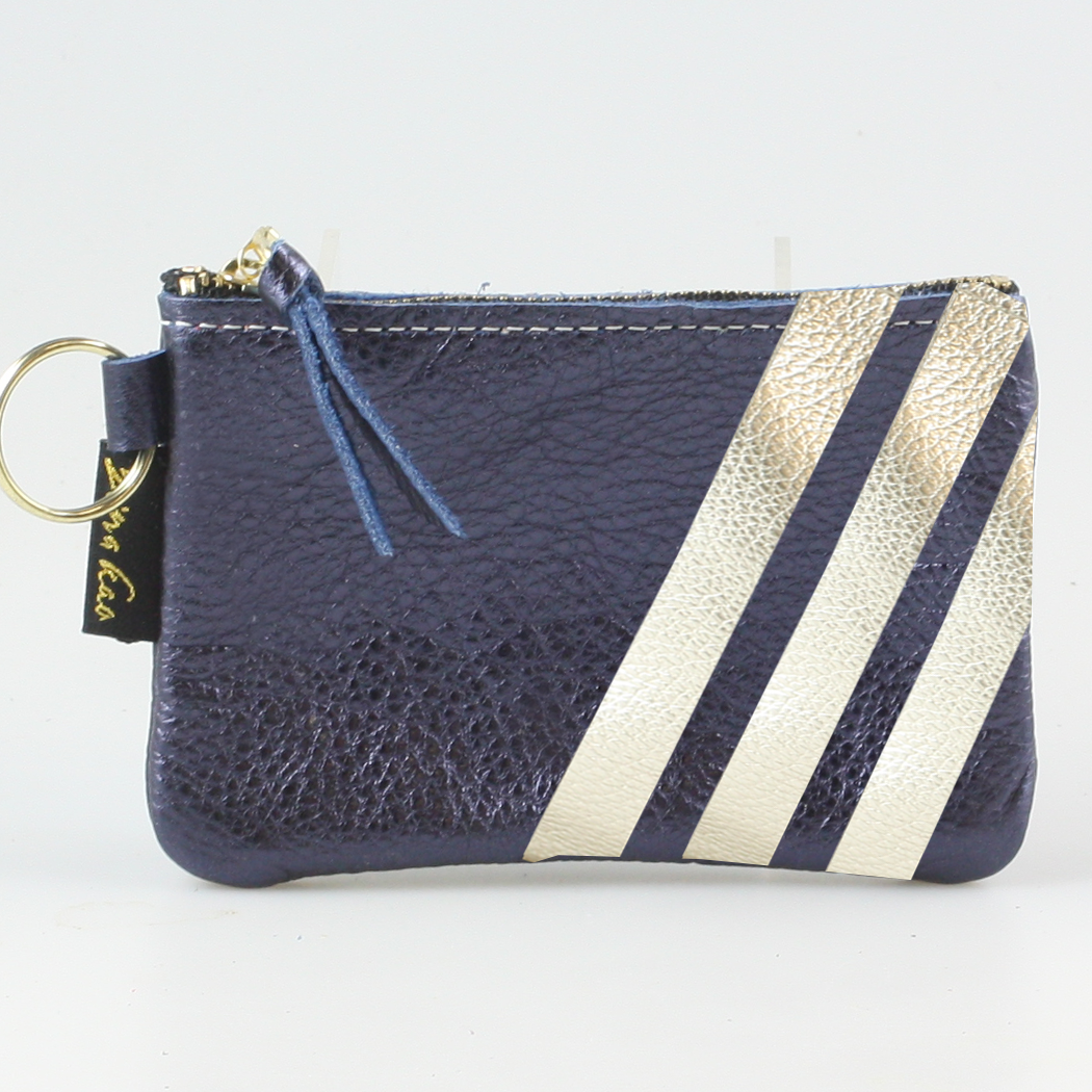 The Kara Wallet: 3 Side Stripes, Sapphire with Platinum Stripes - Split Ring