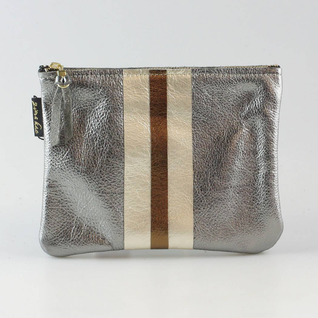The Stripe Everyday Pouch - FALL colors and 2 sizes!: Moss with Layered Stripe: Copper/Platinum / Carter: 9"x6.5"