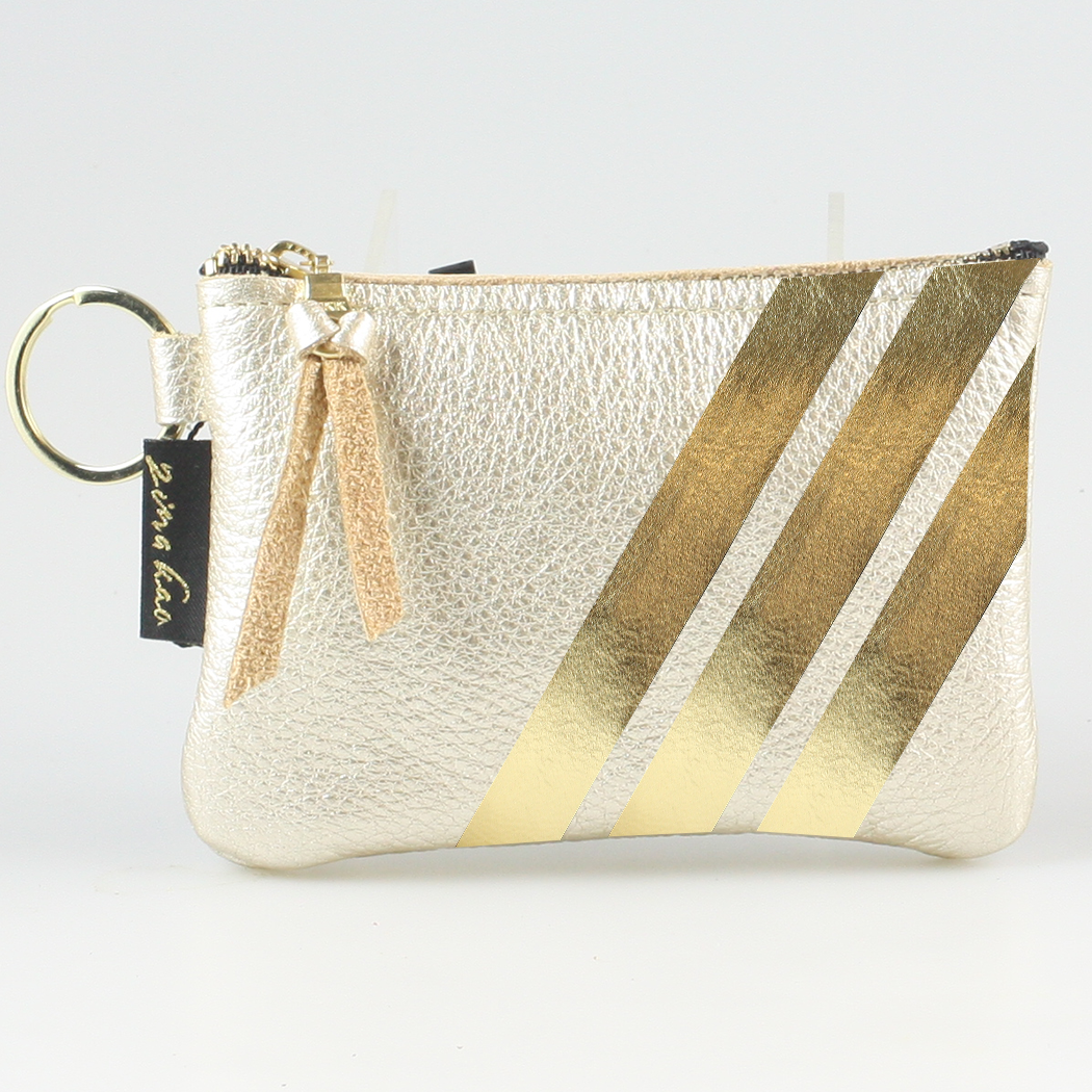 The Kara Wallet: 3 Side Stripes, Platinum with Gold Stripes - Split Ring