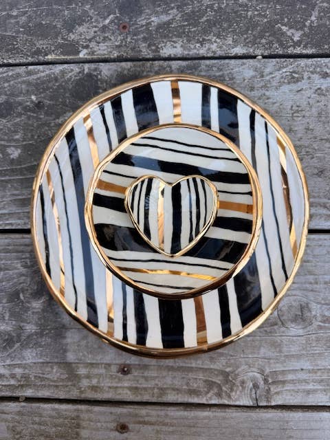 5" Handmade Heirloom Stripe Ceramic Jewelry Dish 22K Gold