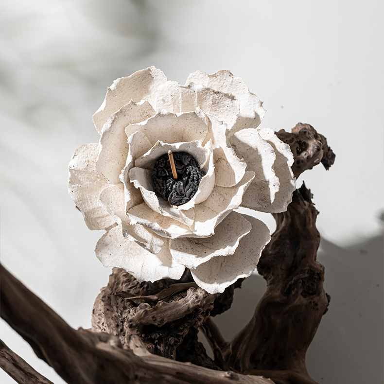 Hand Sculpted Ceramic Peony Flower Incense Holder: Cream