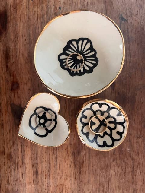 2" Handmade Floral Ceramic Catchall Dish with 22K Gold