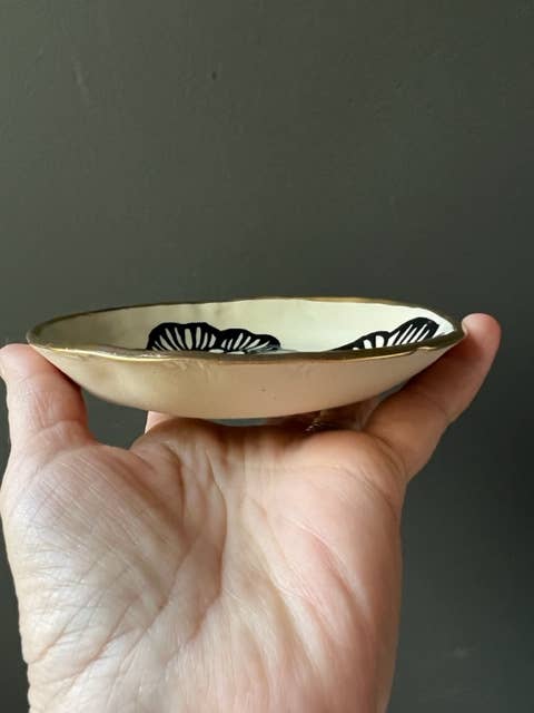 5" Handmade Floral Ceramic Trinket Jewelry Dish 22K Gold