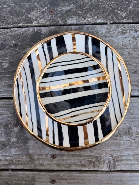 5" Handmade Heirloom Stripe Ceramic Jewelry Dish 22K Gold
