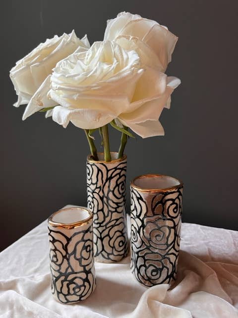 Handmade Ceramic Floral Med Cylinder Vase w/ 22K Gold Accent