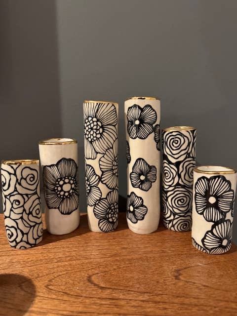 Handmade Large Ceramic Vase – Black Floral & 22K Gold Accent