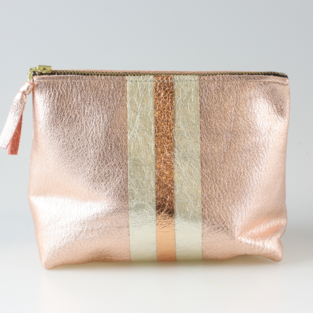 The Metallic Stripe Makeup Clutch: Stewart & Martin!: Peach w/layered stripe: Platinum/Copper / Martin 7"