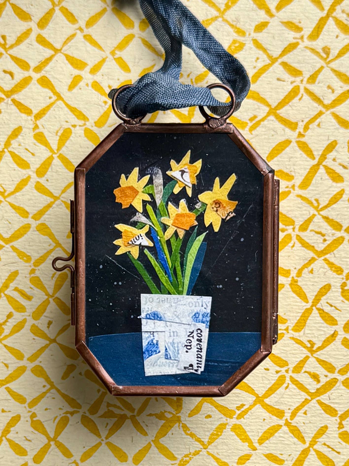 Daffodils in Blue ~ Lg. Art Locket Vintage Decor Handmade