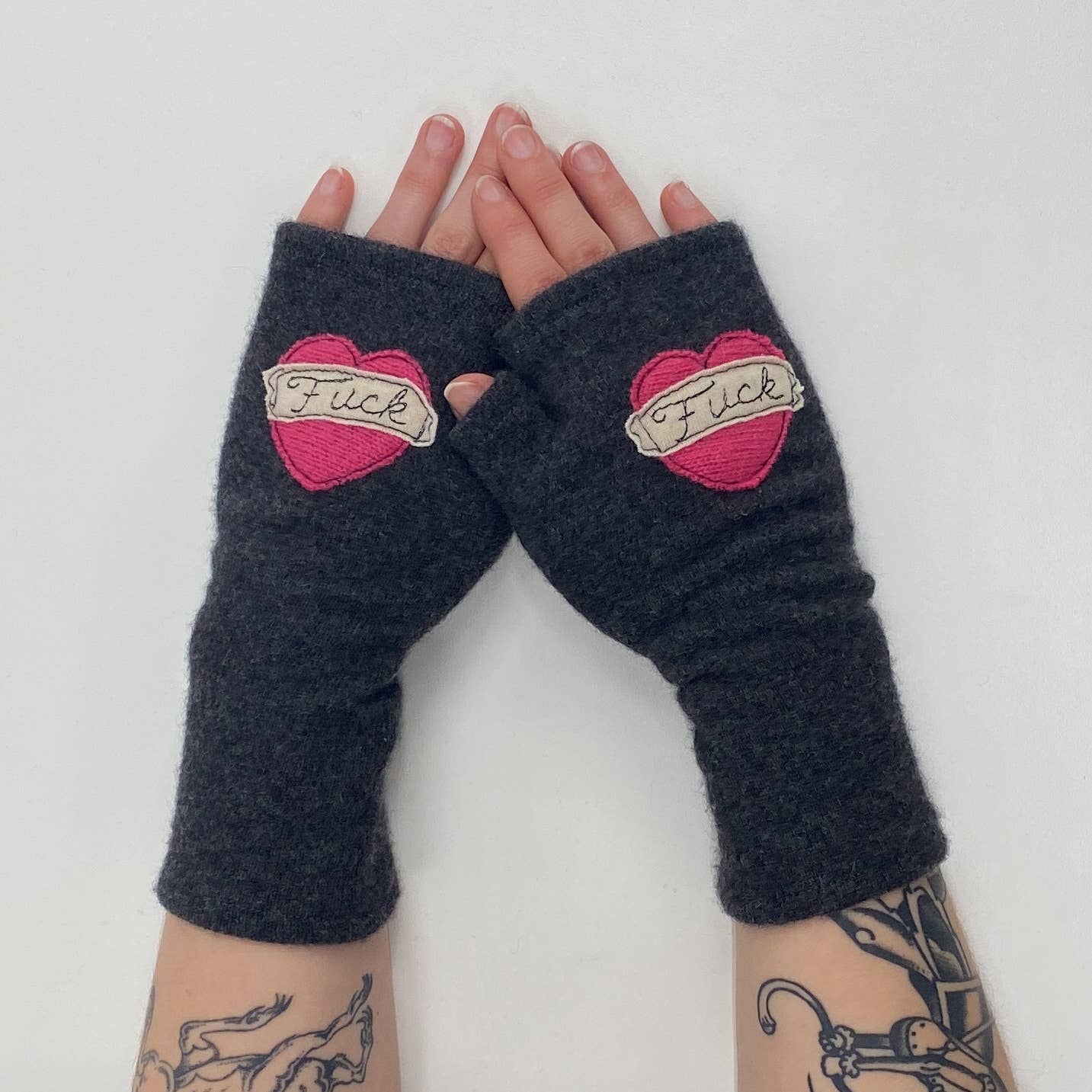 Fingerless Cashmere Gloves-Tattoo Heart Fuck