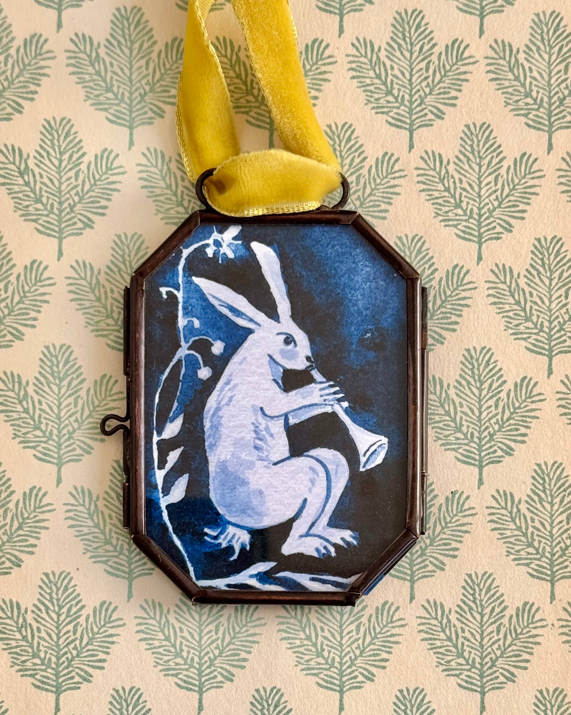 Festive Hare ~ Art Locket Blue Vintage Decor Handmade