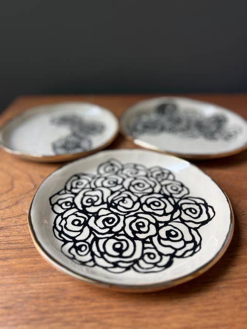 7" Handmade Floral Round Ceramic Dish with 22K Gold Accents