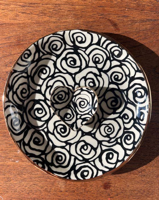 7" Handmade Floral Round Ceramic Dish with 22K Gold Accents