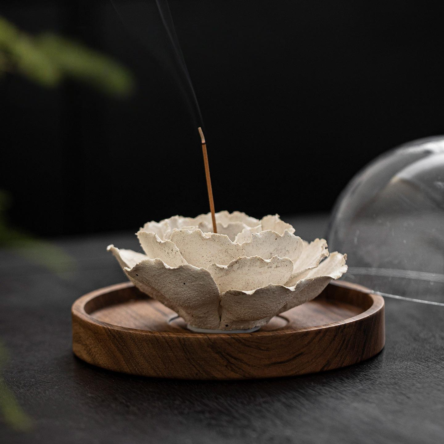 Hand Sculpted Ceramic Peony Flower Incense Holder: Cream