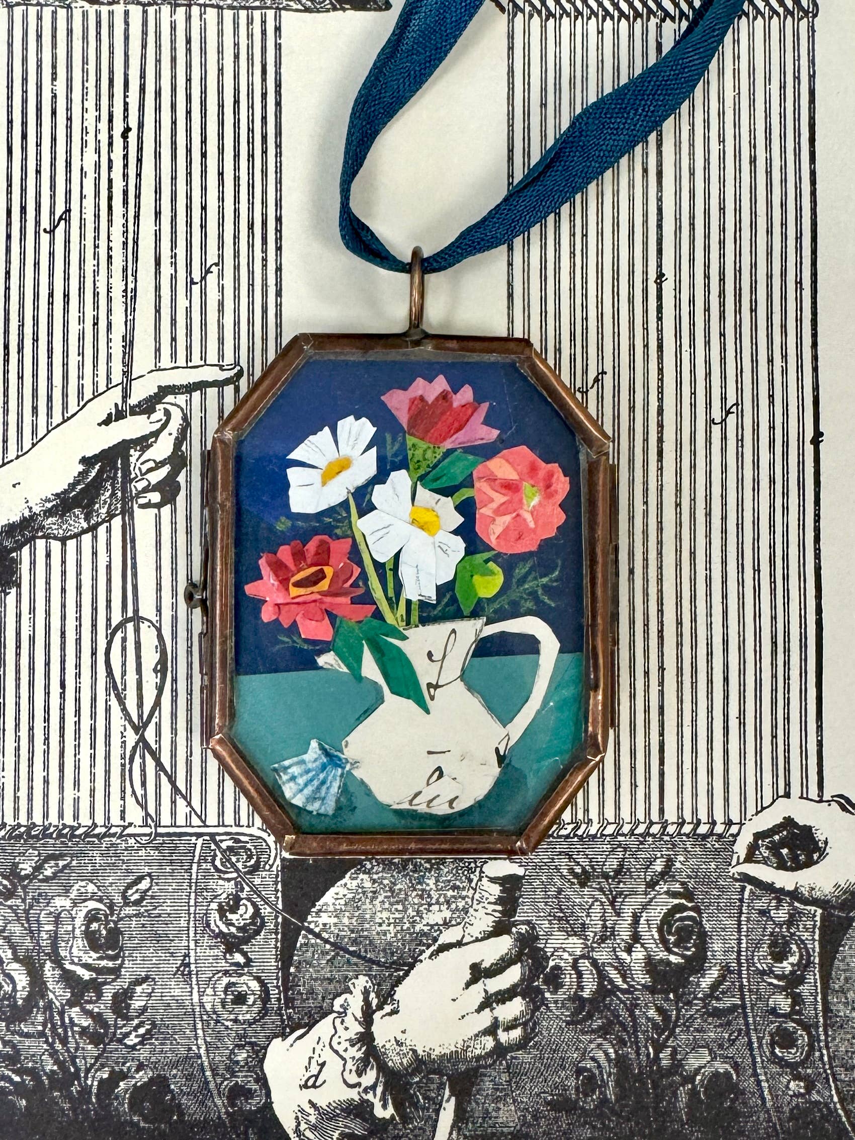 Zinnia & Shell ~ Art Locket Floral Vintage Ornament Handmade