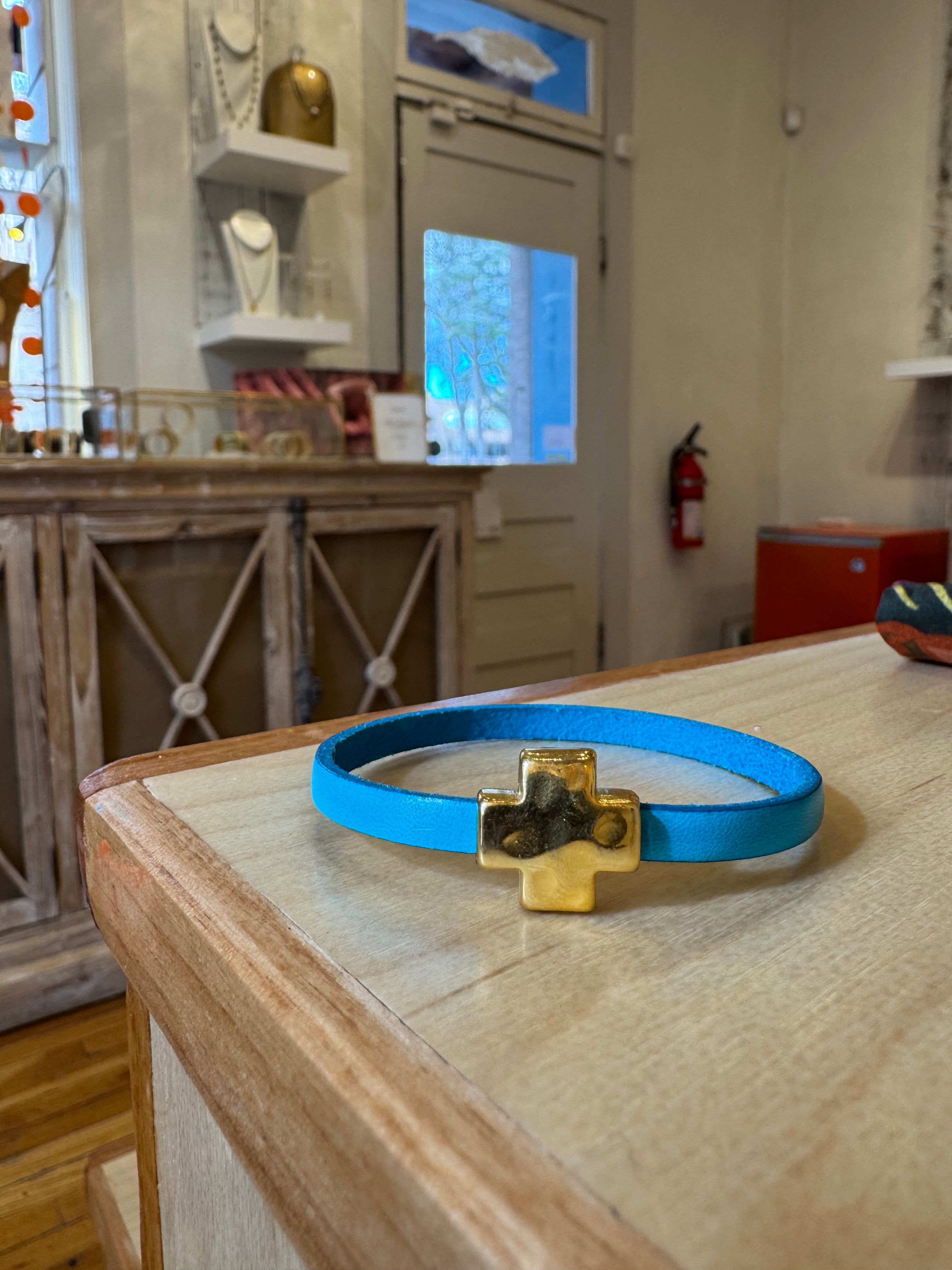 "Wrap it Up Bracelet" with Gold Cross - Single Length - Light Blue