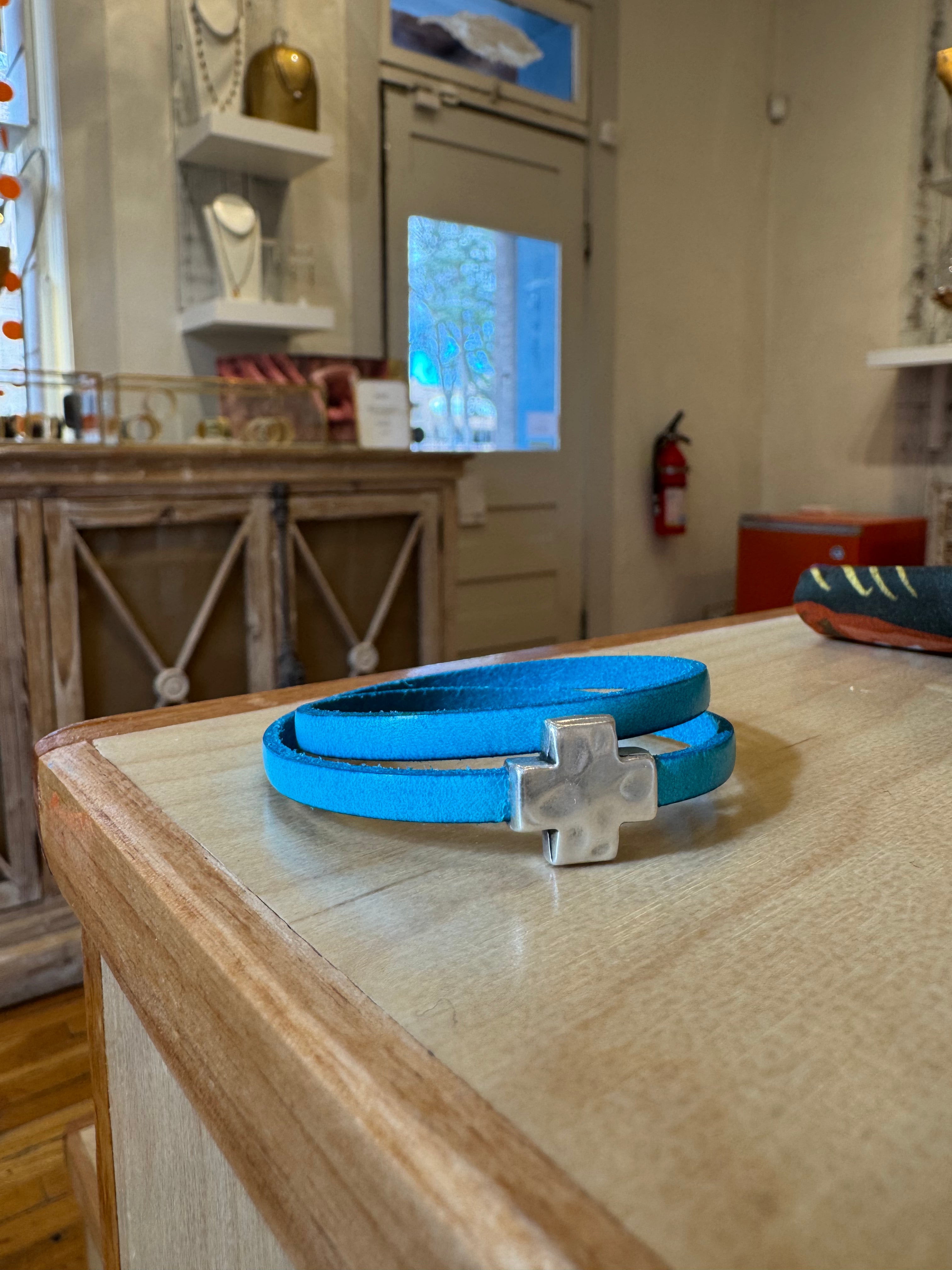 "Wrap it Up Bracelet" with Silver Cross - Double Length - Light Blue