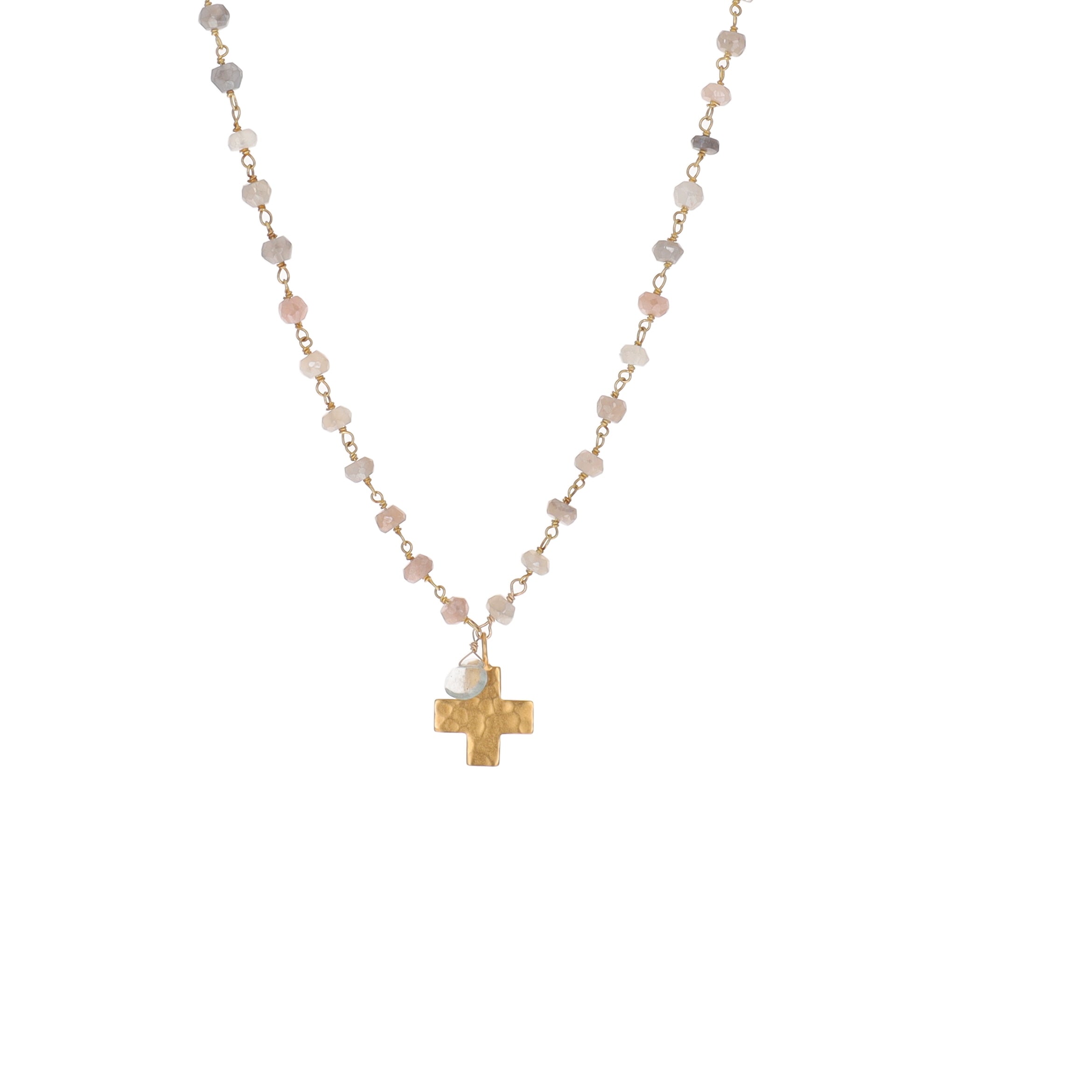 Peach Moonstone Small Equilateral Cross Charm Necklace