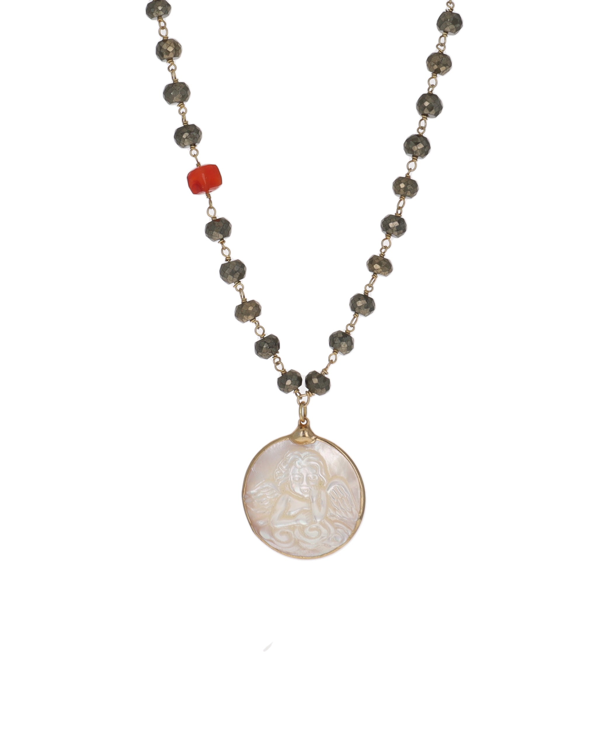Pyrite Cherub Mother of Pearl Necklace