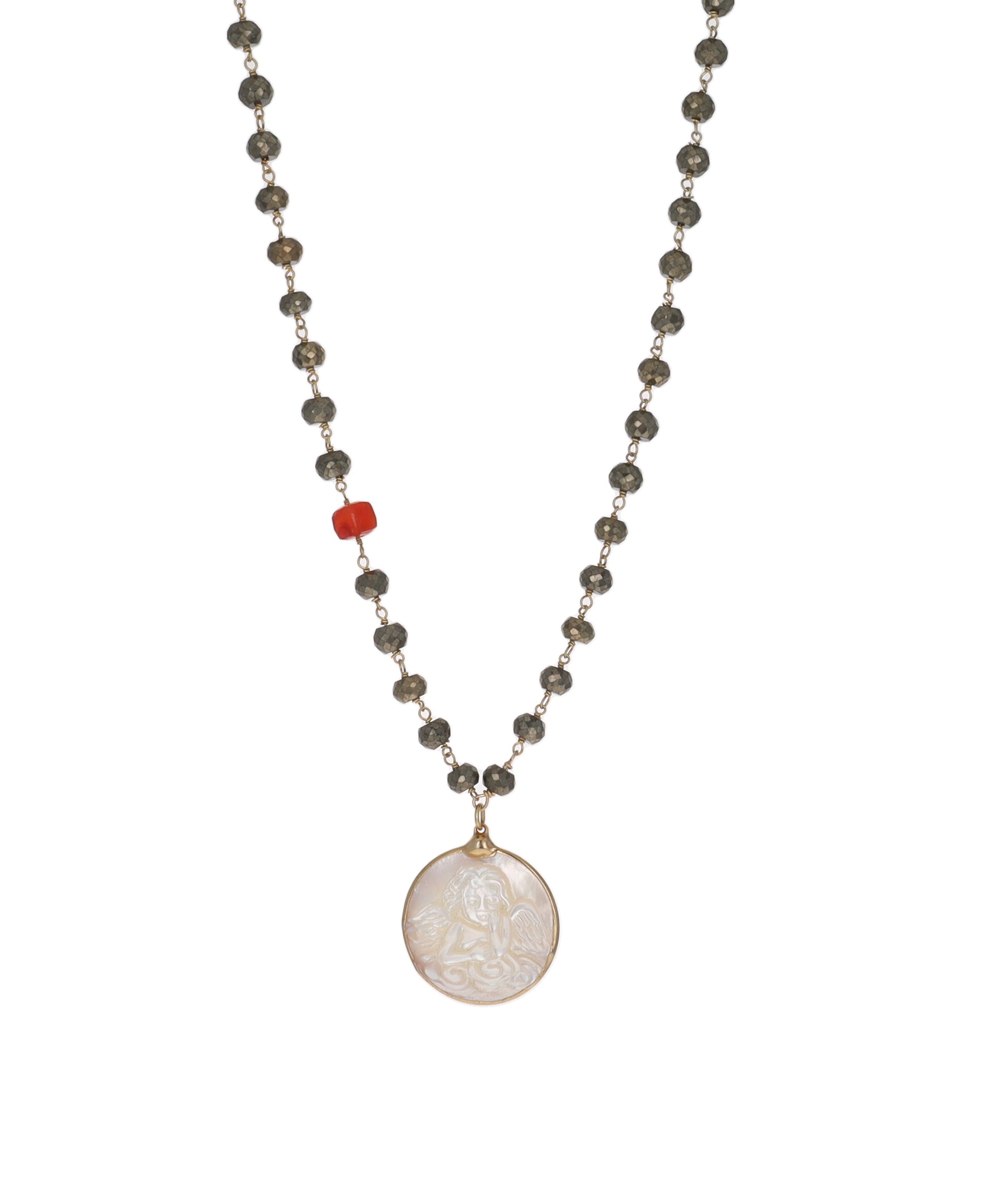 Pyrite Cherub Mother of Pearl Necklace