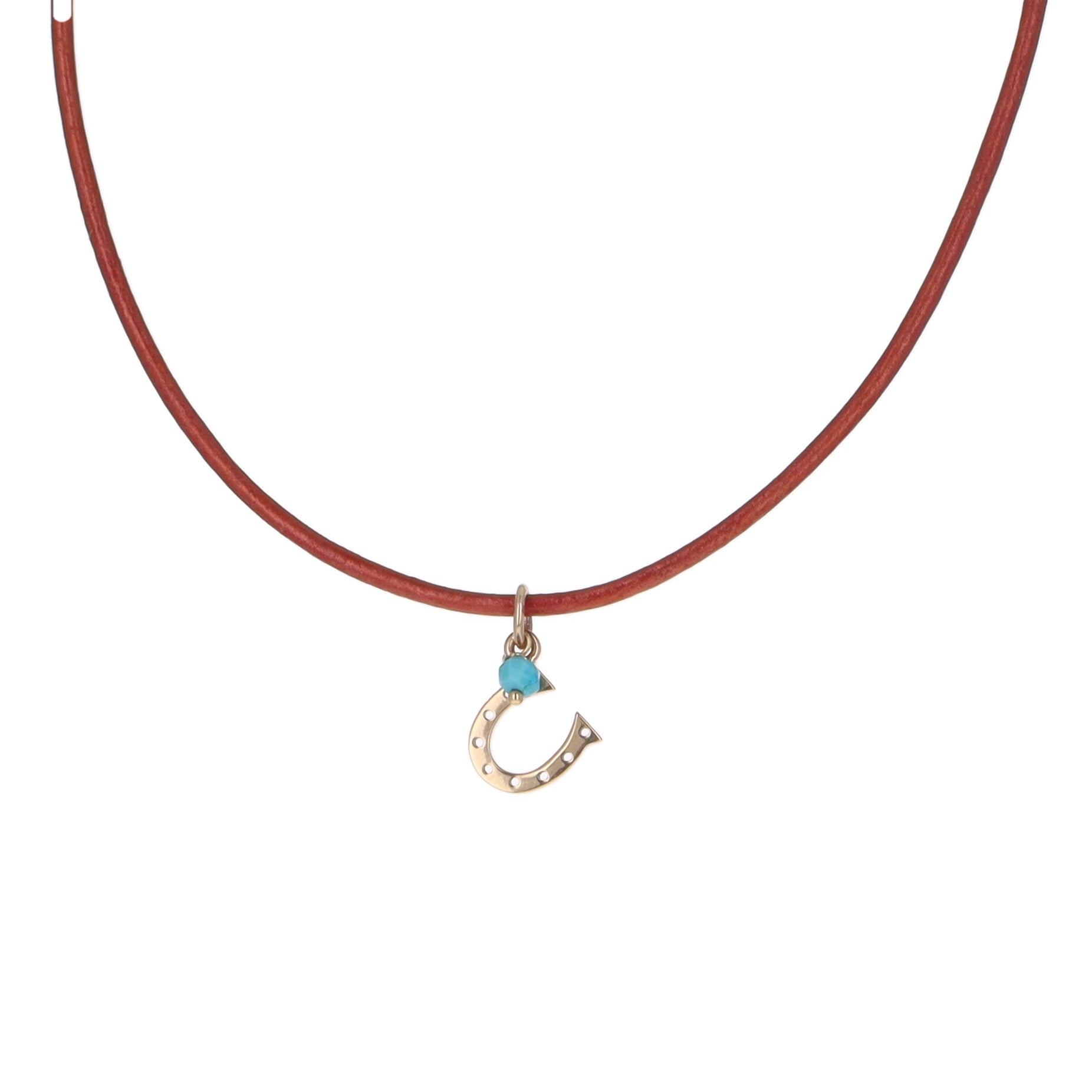 Gold Horseshoe Rust Leather Charm Necklace