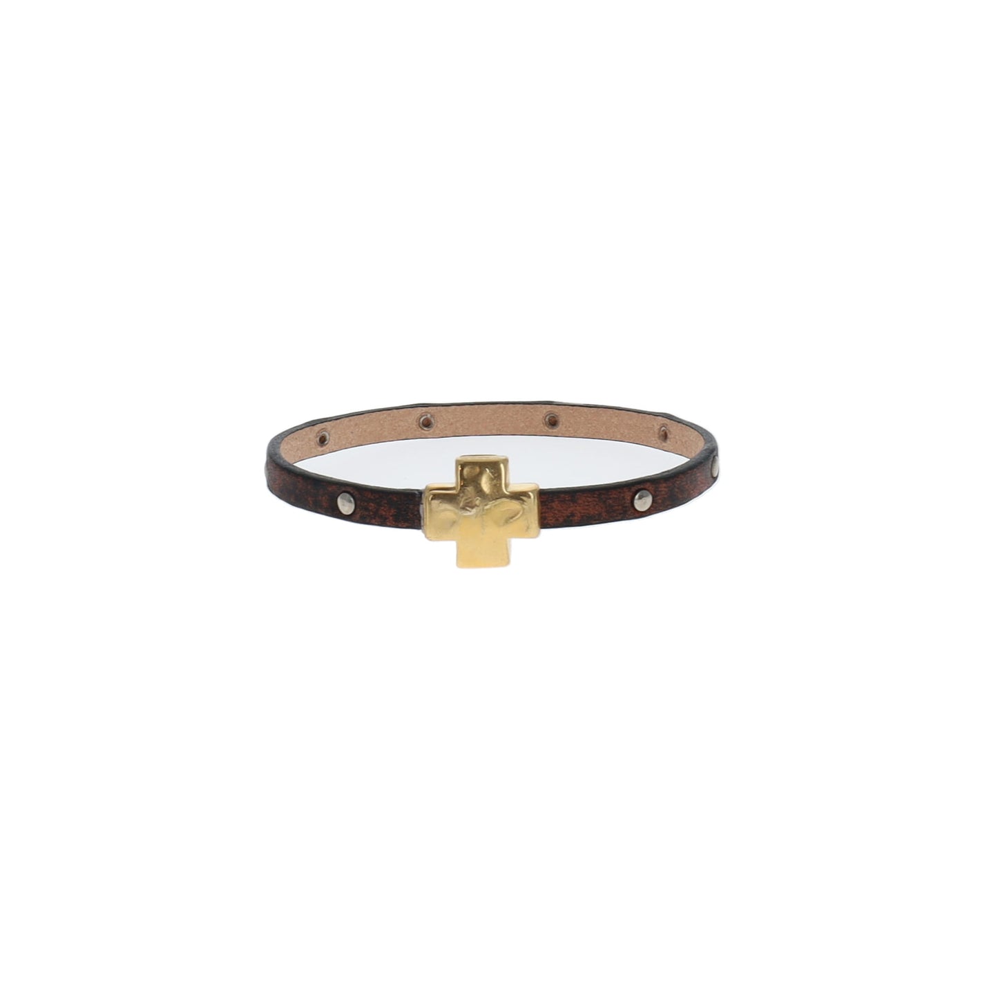 "Wrap it Up Bracelet" with Gold Cross - Single Length - Cowboy Brown with Silver Studs