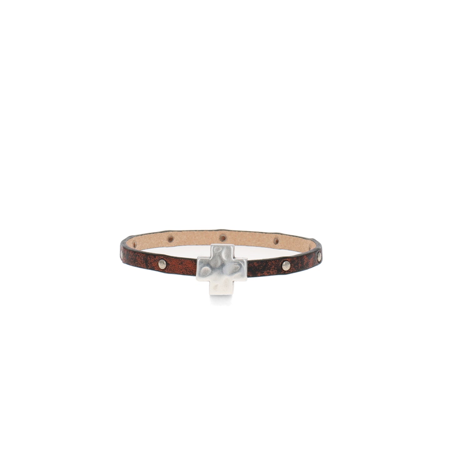 "Wrap it Up Bracelet" with Silver Cross - Single Length - Cowboy Brown with Silver Studs