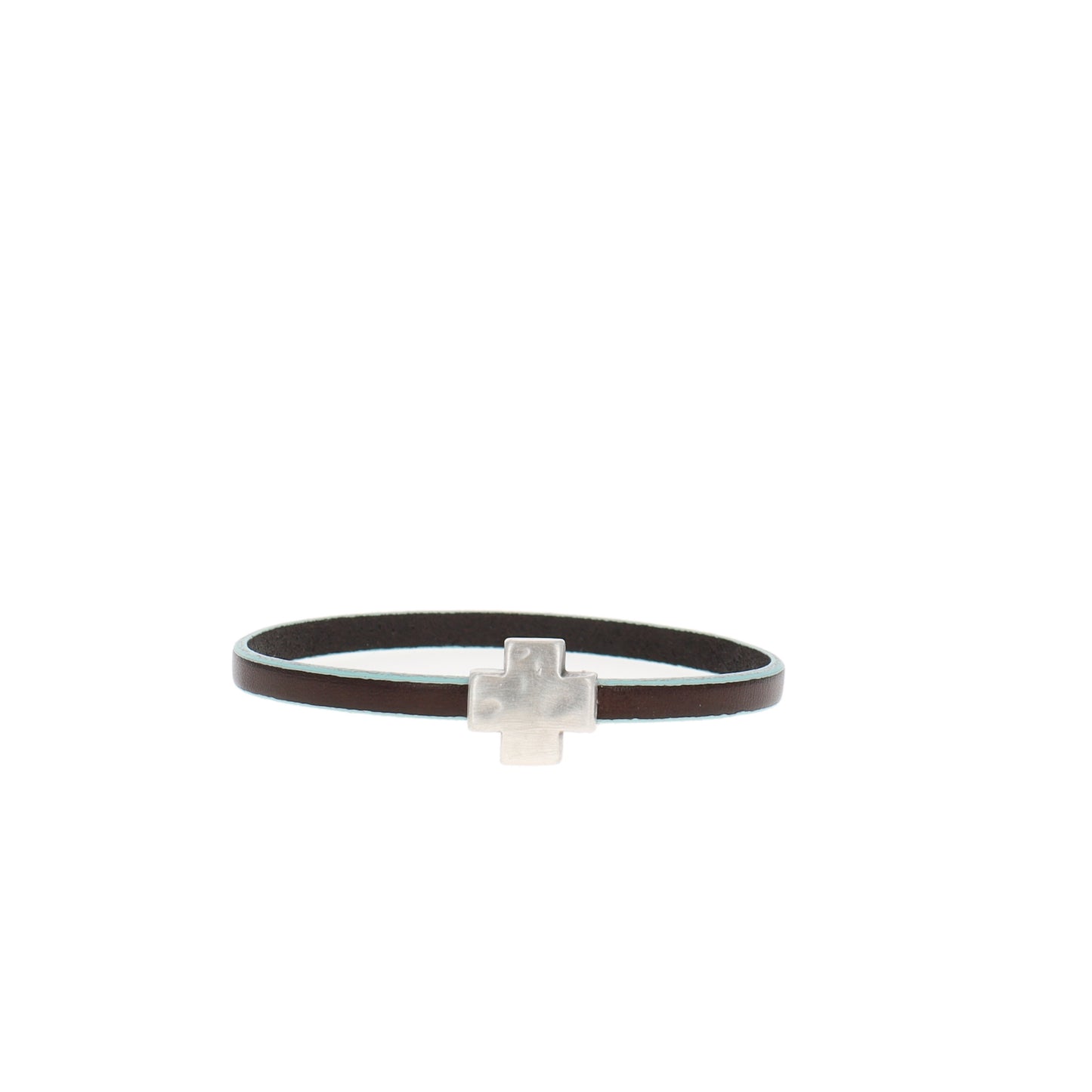 "Wrap it Up Bracelet" with Gold Cross - Single Length - Chocolate with Light Blue Edge