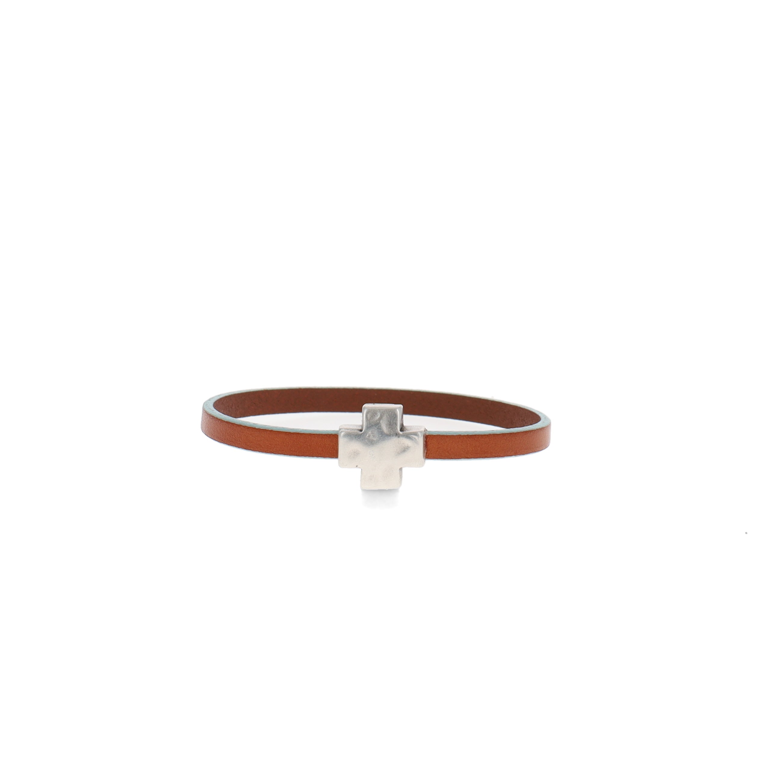 Tan with Light Blue Edge Single Wrap Bracelet with Silver Cross