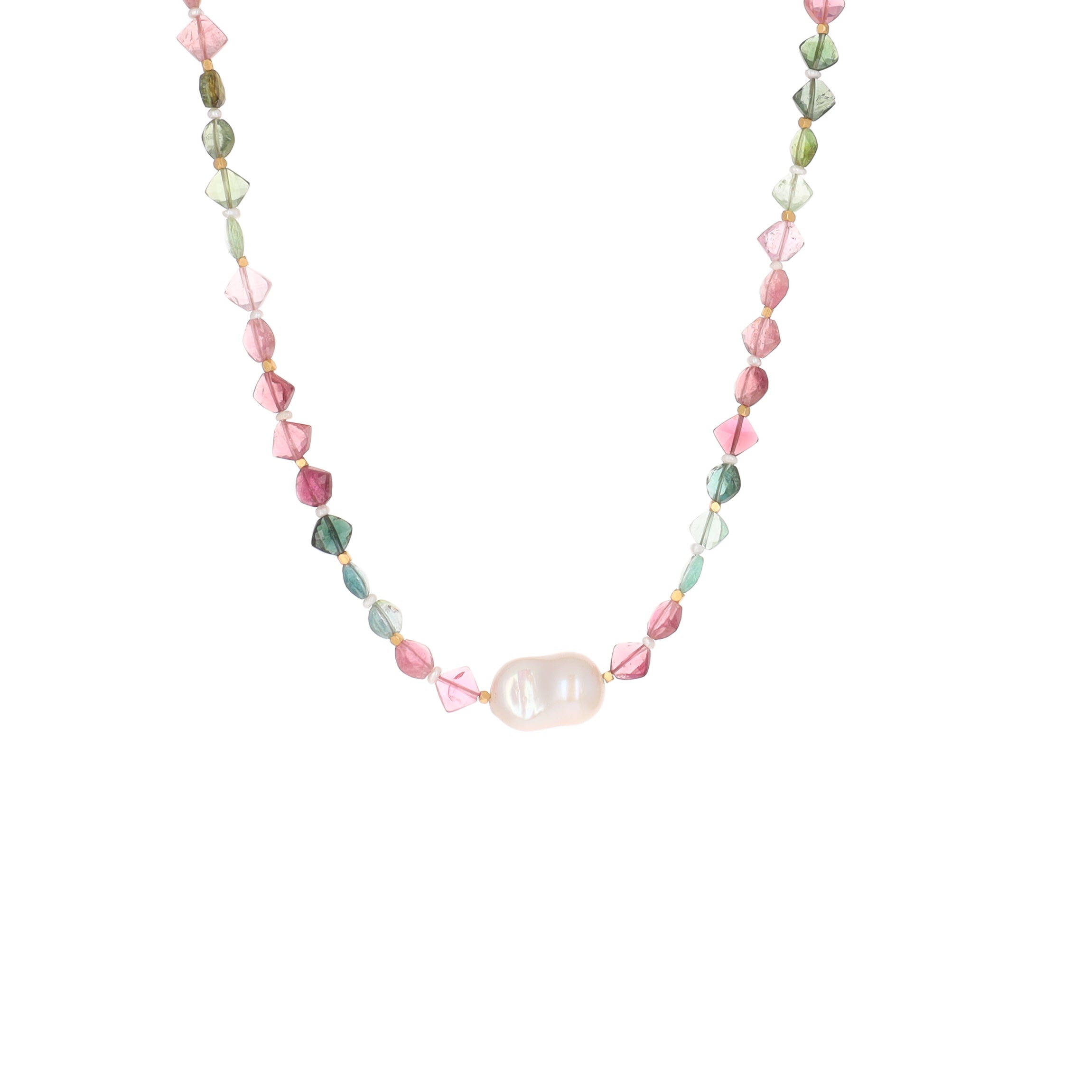 Small Watermelon Tourmaline Stone Necklace with Baroque Pearl Necklace