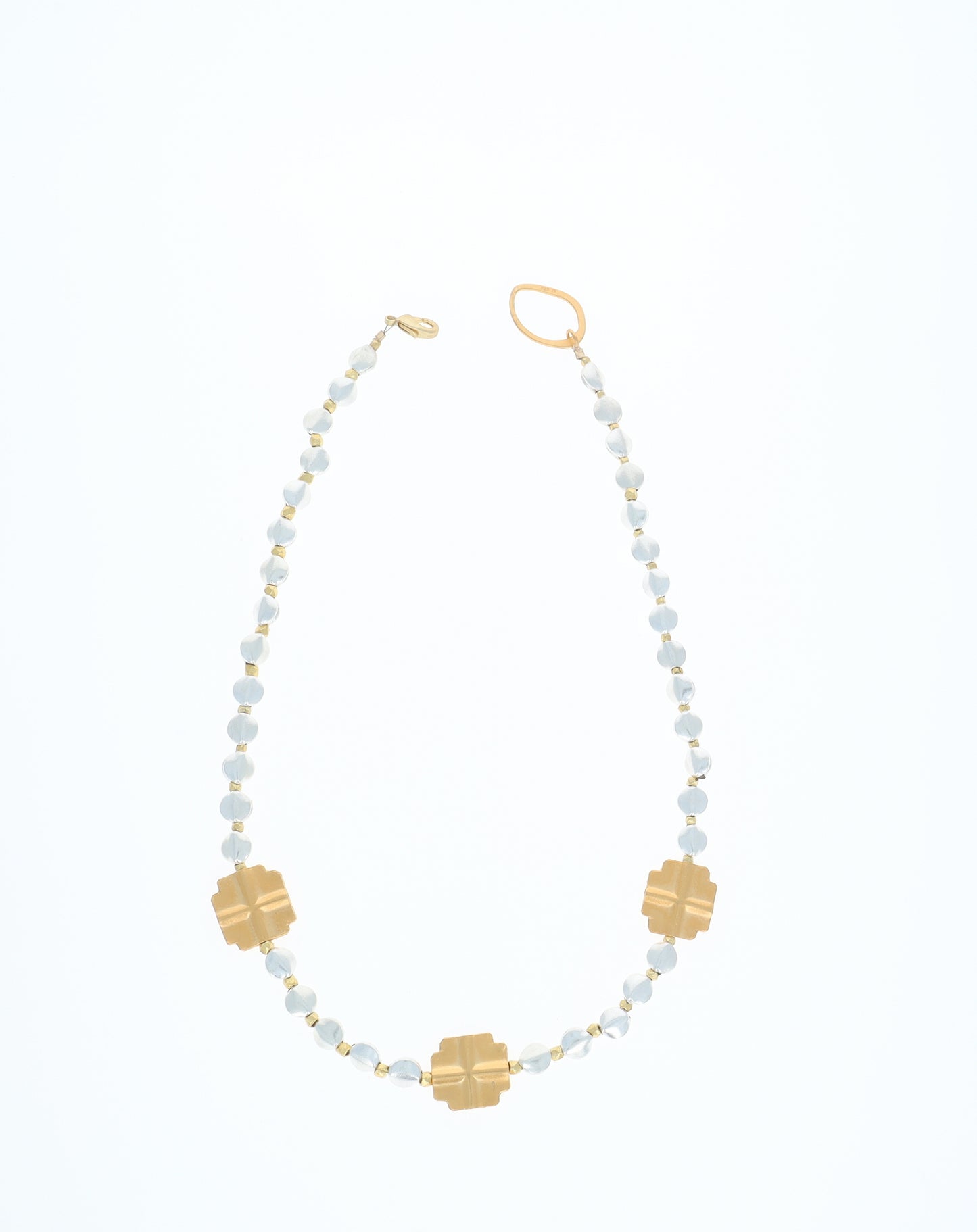 Silver Beads and Satin Gold Equilateral Cross Necklace