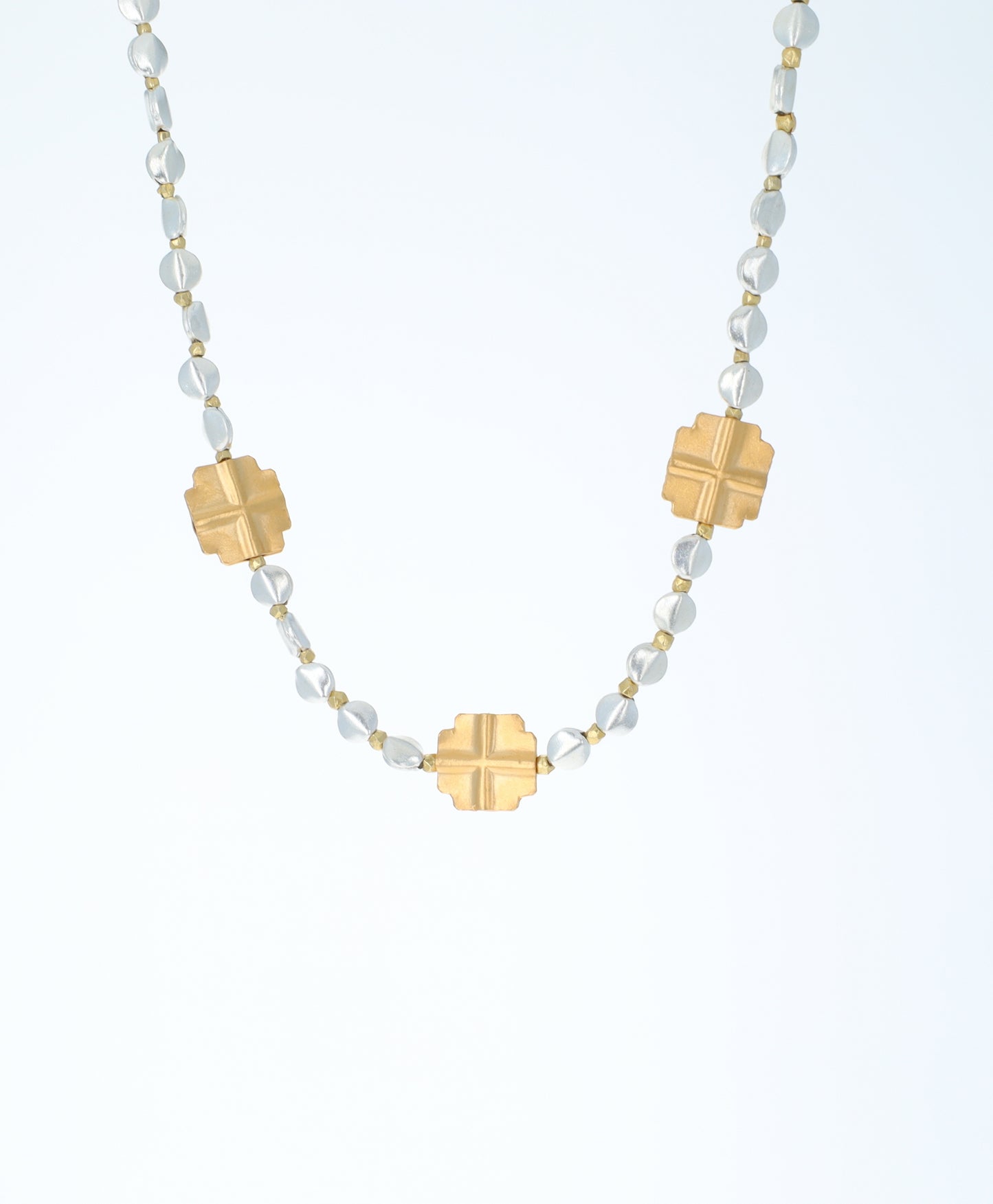 Silver Beads and Satin Gold Equilateral Cross Necklace